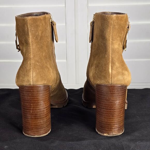 Preloved Tory Burch Sofia Logo Ring High Heel Ankle Suede Leather Booties Brown - Picture 8 of 12